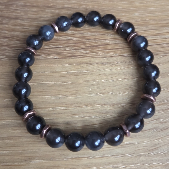 Gray Ice Obsidian Beads Bracelet, Stretch, Hand Crafted - Picture 3 of 8